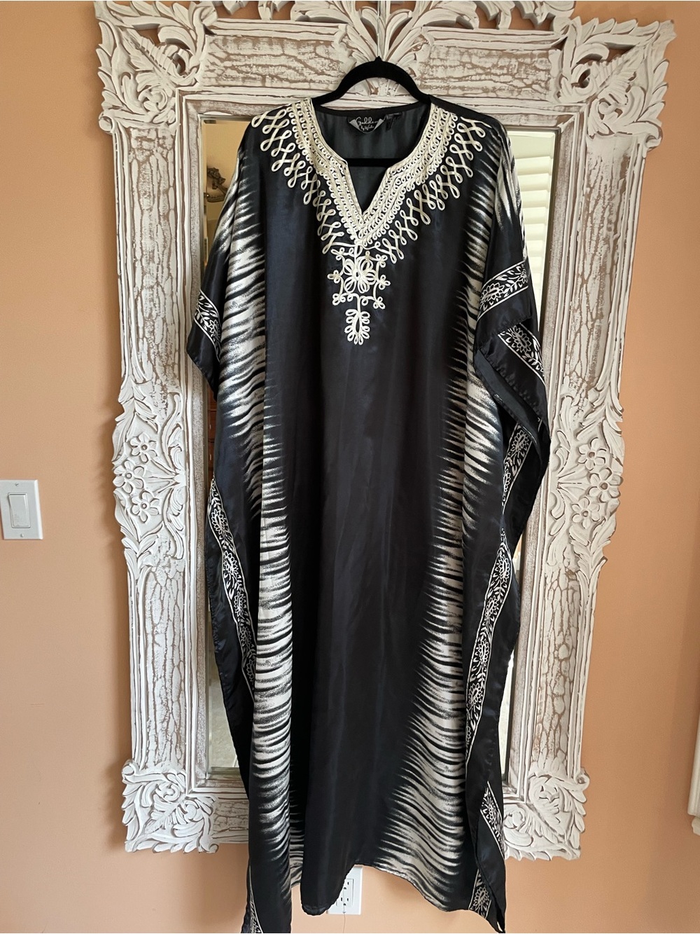 Black Poly Embroidered Poly Maxi Caftan Lounge Wear Dress Caftan 1X-4X